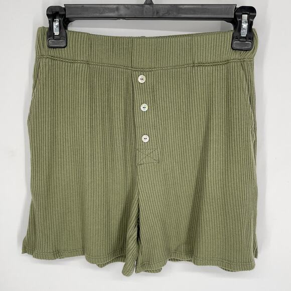 DONNI. Womens NEW Butter Shorts Sz XS Green Rib Knit Mother of Pearl Buttons - Picture 1 of 8